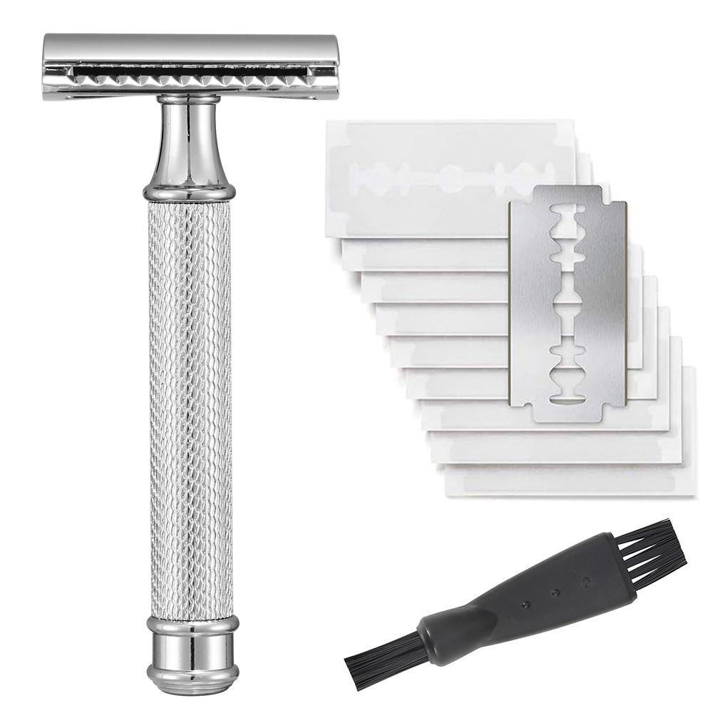 

Men s Vintage Metal Razor Double Edge Safety Razor Manual Razor With 10 Shaving Blades and 1 Cleaning Brush