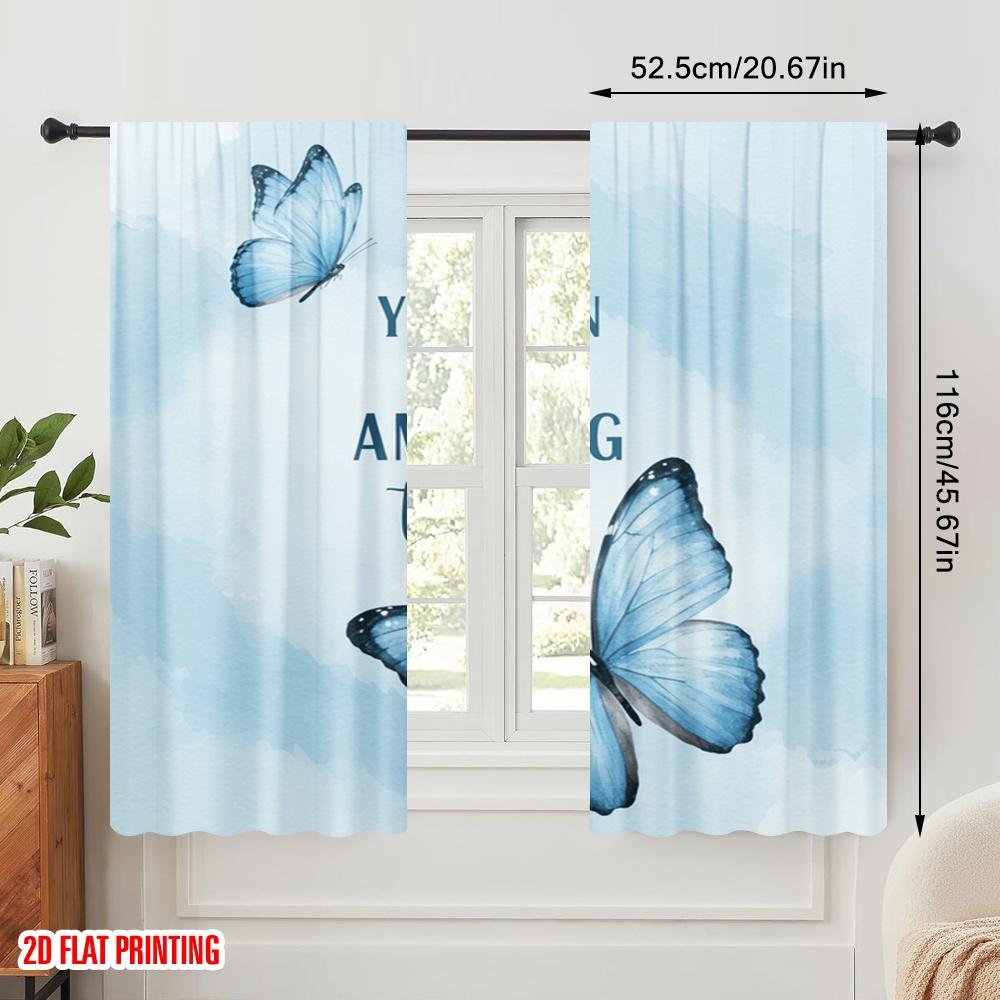 2pcs 2D flat printing Window Curtains Blue Butterfly Amazing Things Fabric Without Electricity Family Party Use for Wall art