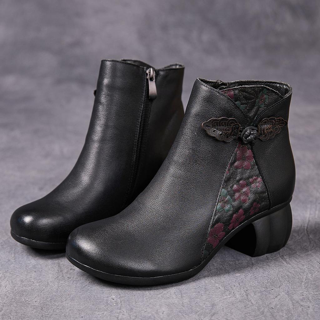 Fashion GKTINOO Genuine Leather Ankle Boots 2025 Winter New Ethnic Printed Women's Boots Soft Soles Thick Heels Mother's Leather Boots