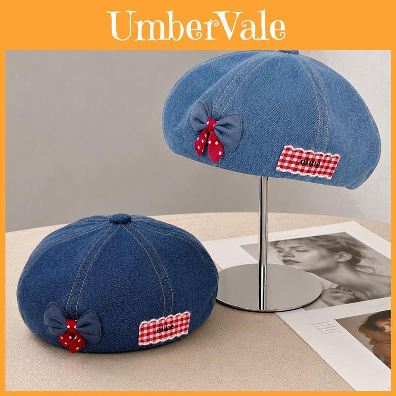 Denim Beret Hat For Women With Bowknot And Star Pattern Summer Fall Chic Style