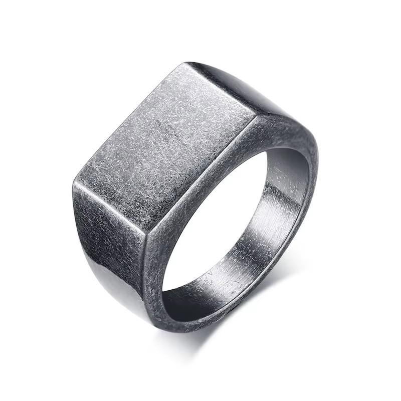 VQYSKO Square Signet Ring Stainless Steel Chunky Band for Men Women Punk Vintage Black Golden Silvery Ancient Thumb Ring Fashion