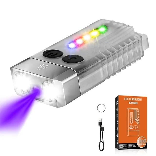 V10 EDC Mini Flashlight Keychain Light Type-C Rechargeable 1000LM Torch Multifunctional Redline Blue Red UV Emergency Light