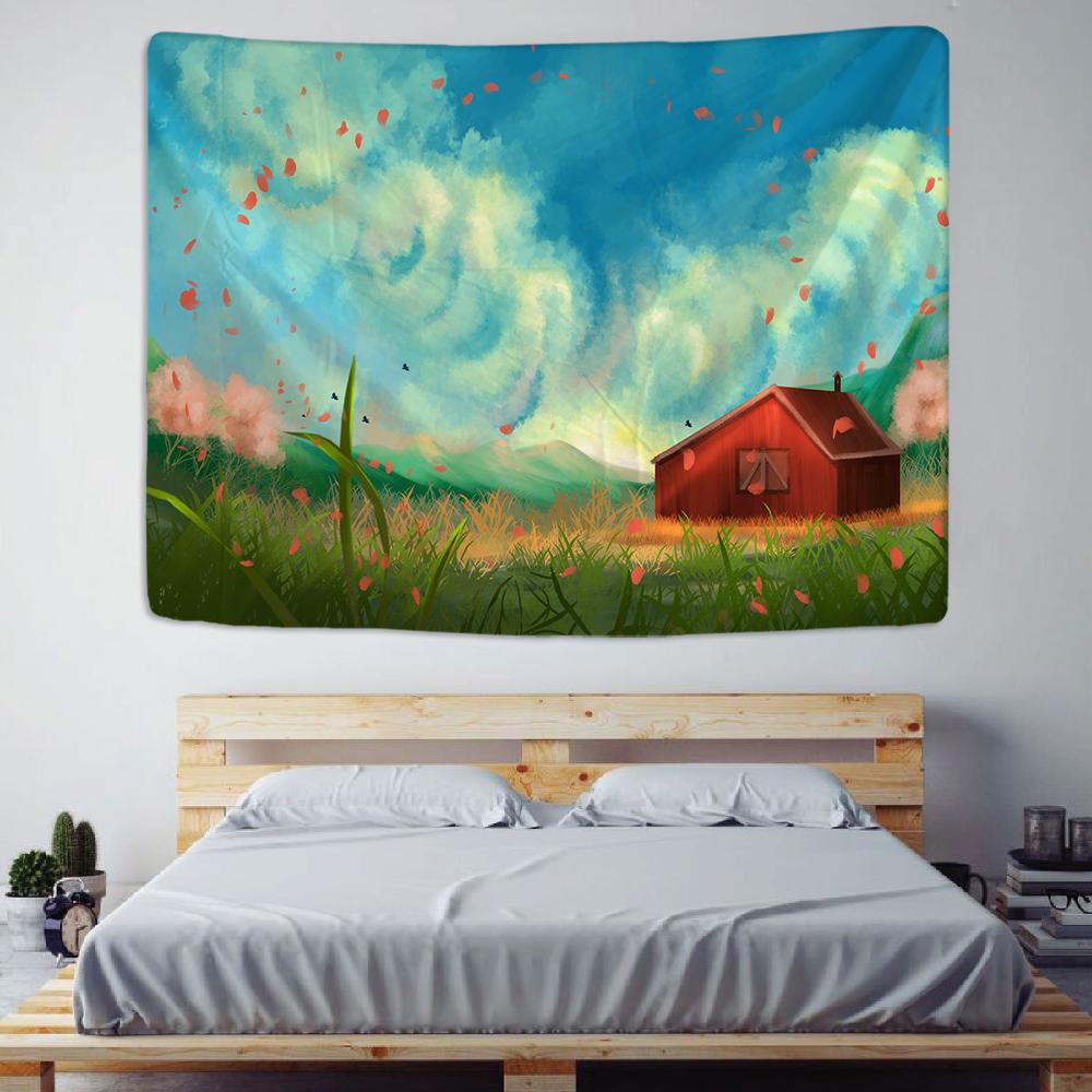 Red House Oil Painting Tapestry Wall Hanging Blue Sky Grassland Bohemian Psychedelic Farm Dormitory Studio Wall Decor