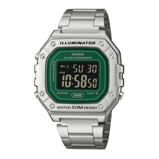 [Casio] CASIO Standard Digital Watch W-218HD-3AV Men s Cheap Casio Chipkashi Metal Band Silver x Green Inverted LCD Overseas Model [Parallel Import]