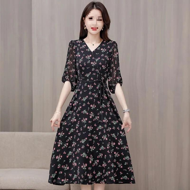 Fashion age-reducing new strap-up bubble sleeves floral V-neck dress women's summer temperament Muse fan waist A-shaped long dress