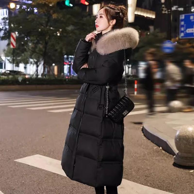 

High-end long down jacket women s 2025 winter fashion fox big fur collar waist thin white duck down knee jacket XL