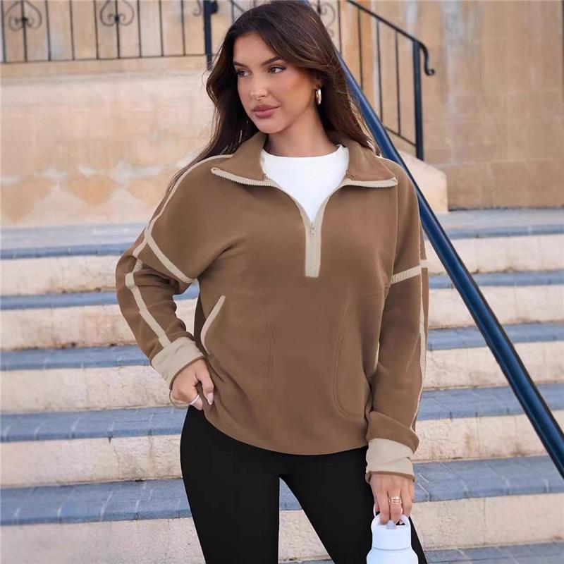 Women's Color Block Striped Half Zip Polo Sweatshirt Loose Long Sleeve Casual Pullover Top