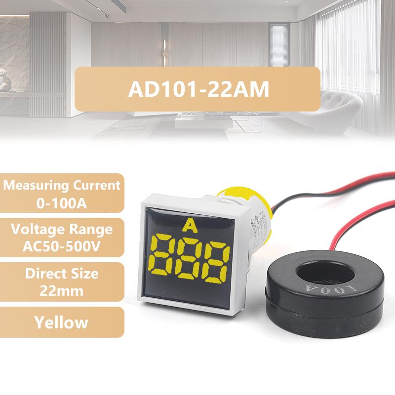 

DIY GO 22mm Protective Film Square/Round Digital Current Meter indicator 0-100A amp Current Tester Meters LED Pilot Lamp Ammeter Yellow Square