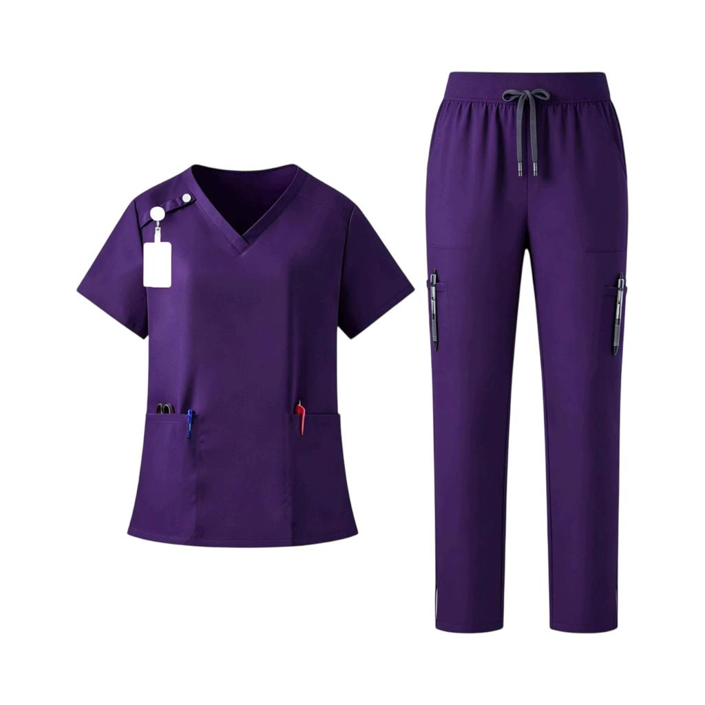 Women's Set V-Neck Short Sleeve Top with Pockets and Drawstring Pants, Quick Dry Color Uniform for Healthcare Workers