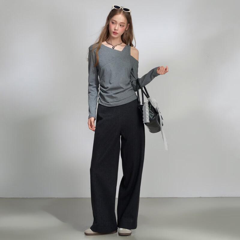 A02 Designer Asymmetric Off-Shoulder Long Sleeve Ruched Top