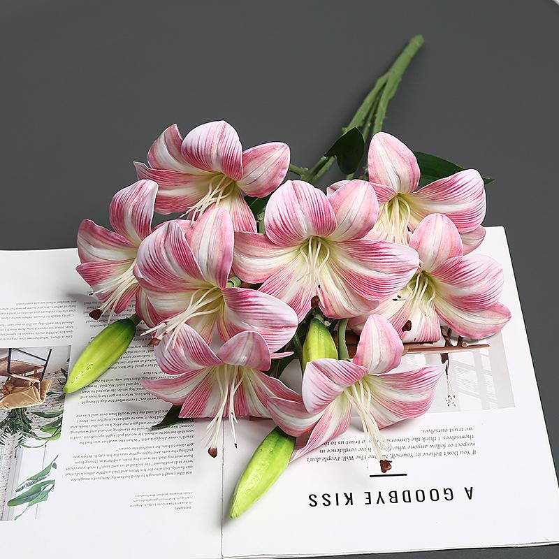 2pcs 3D Printed 9 Heads Lily Bouquet Flower Artificial Real Touch Hemerocallis Wedding Floral Decoration