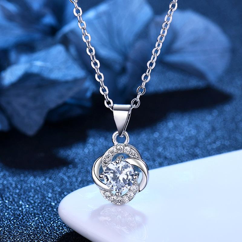 Korean Style Four-Leaf Clover Zircon Pendant White Gold Plated Necklace