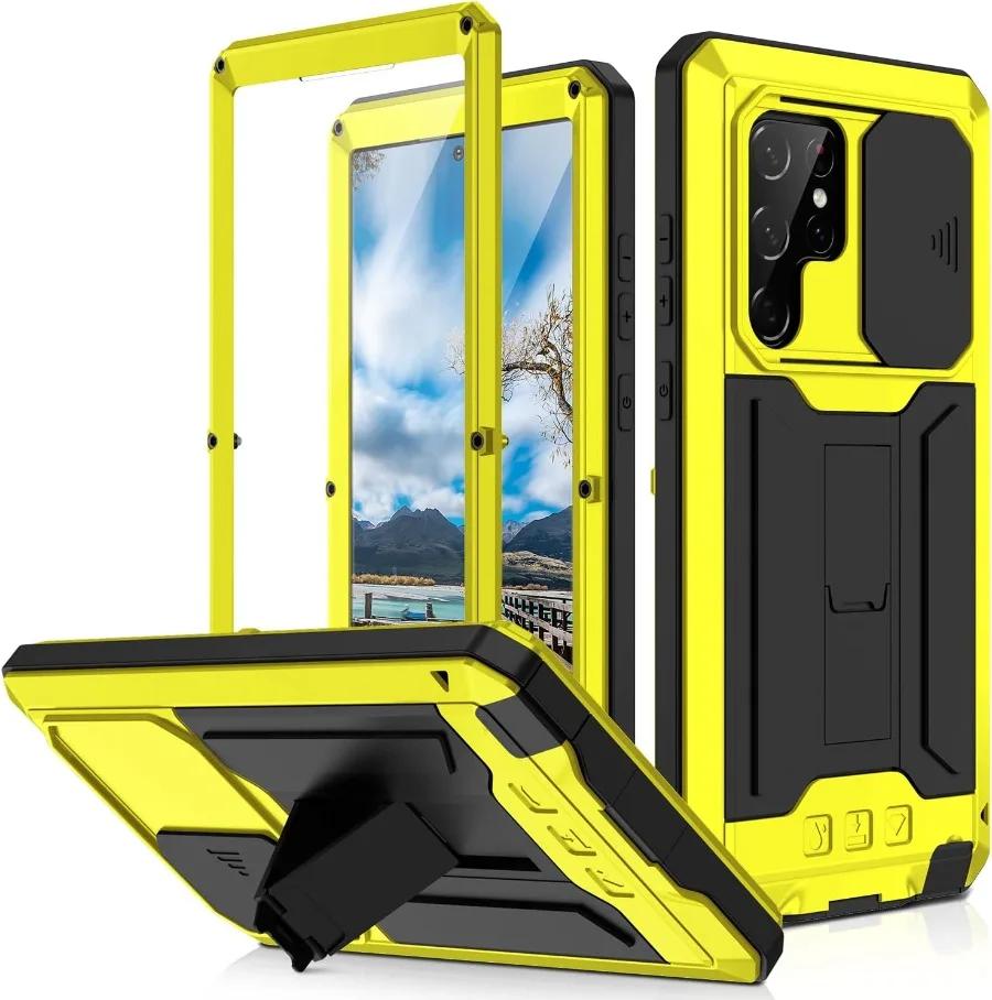 Für Samsung S22 Plus S22 Ultra Hülle Robuster Aluminium-Metallständer mit Displayschutz Stoßfeste Abdeckung Schraubenstoßstange