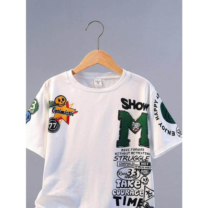 Summer Kids' Suit Boys' Loose Casual Crewneck Patterned Short-sleeved T-shirt and Shorts Comfortable Cool Tracksuit