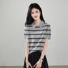 SOFSIL Women's Striped Lapel Short Sleeve Knit Top