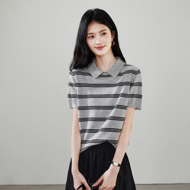 SOFSIL Women's Striped Lapel Short Sleeve Knit Top