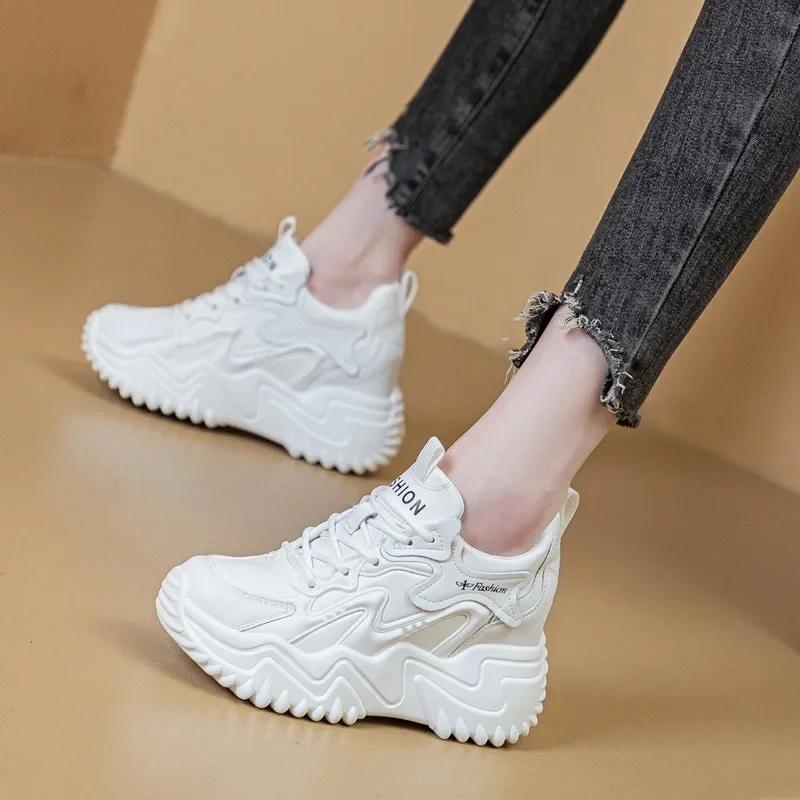 Fashion 8CM Women Platform Comfy Skate Boarding Autumn Chunky Sneakers Mixed Color Vulcanize Fashion Spring Genuine Leather Wedge Shoes