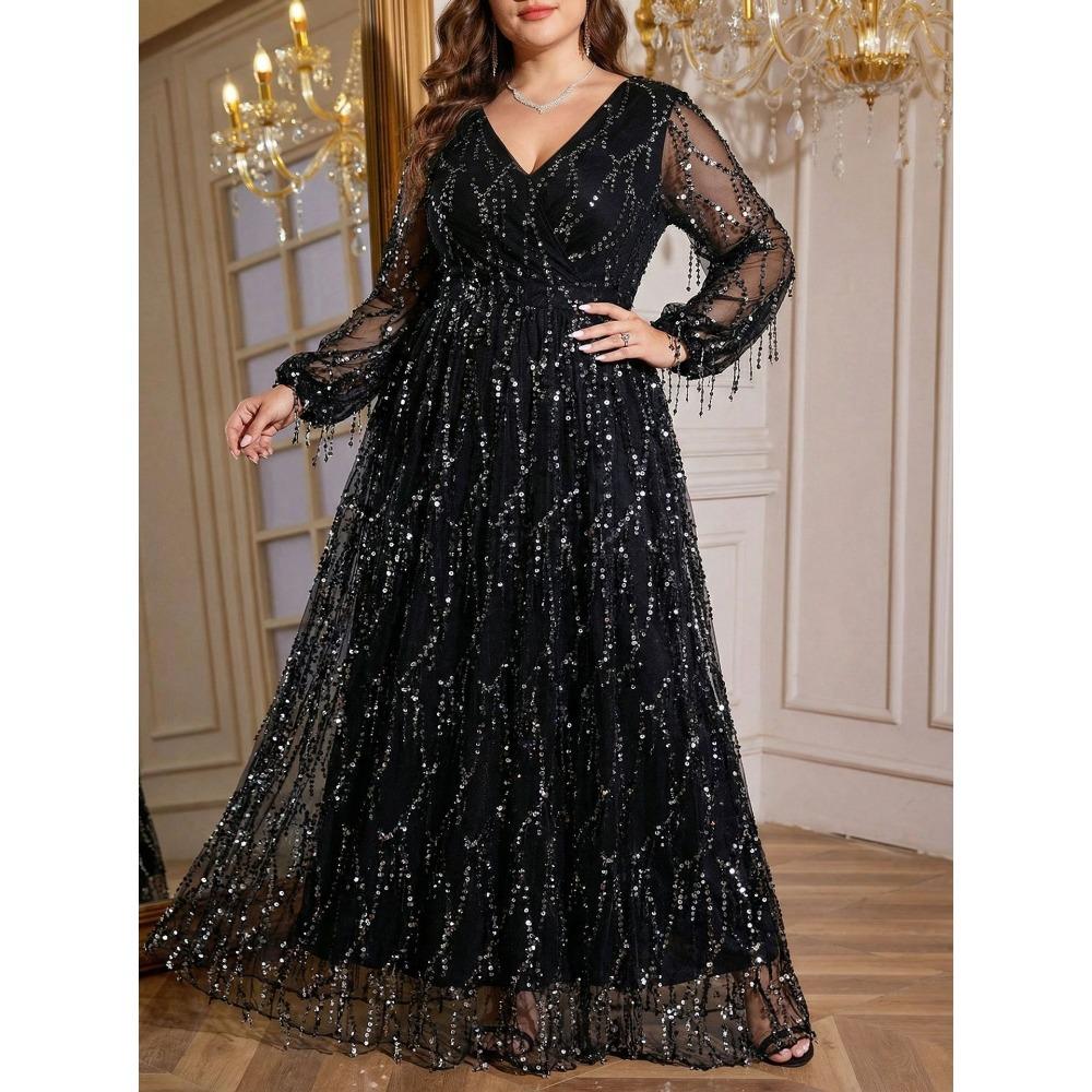 Plus Size Womens Elegant Sequined Bridesmaid Dress V-Neck Long Sleeve Slit Fitted Temperament Wedding Party Dress