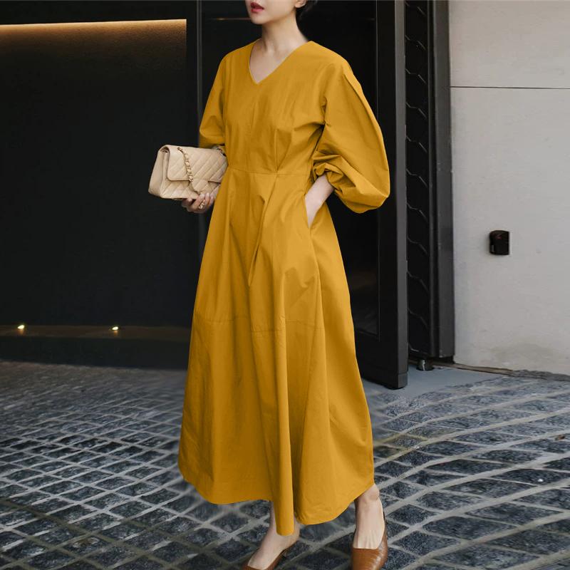 

ZANZEA Женское повседневное платье с V-образным вырезом, свободного кроя, с длинным рукавом, однотонное 3XL