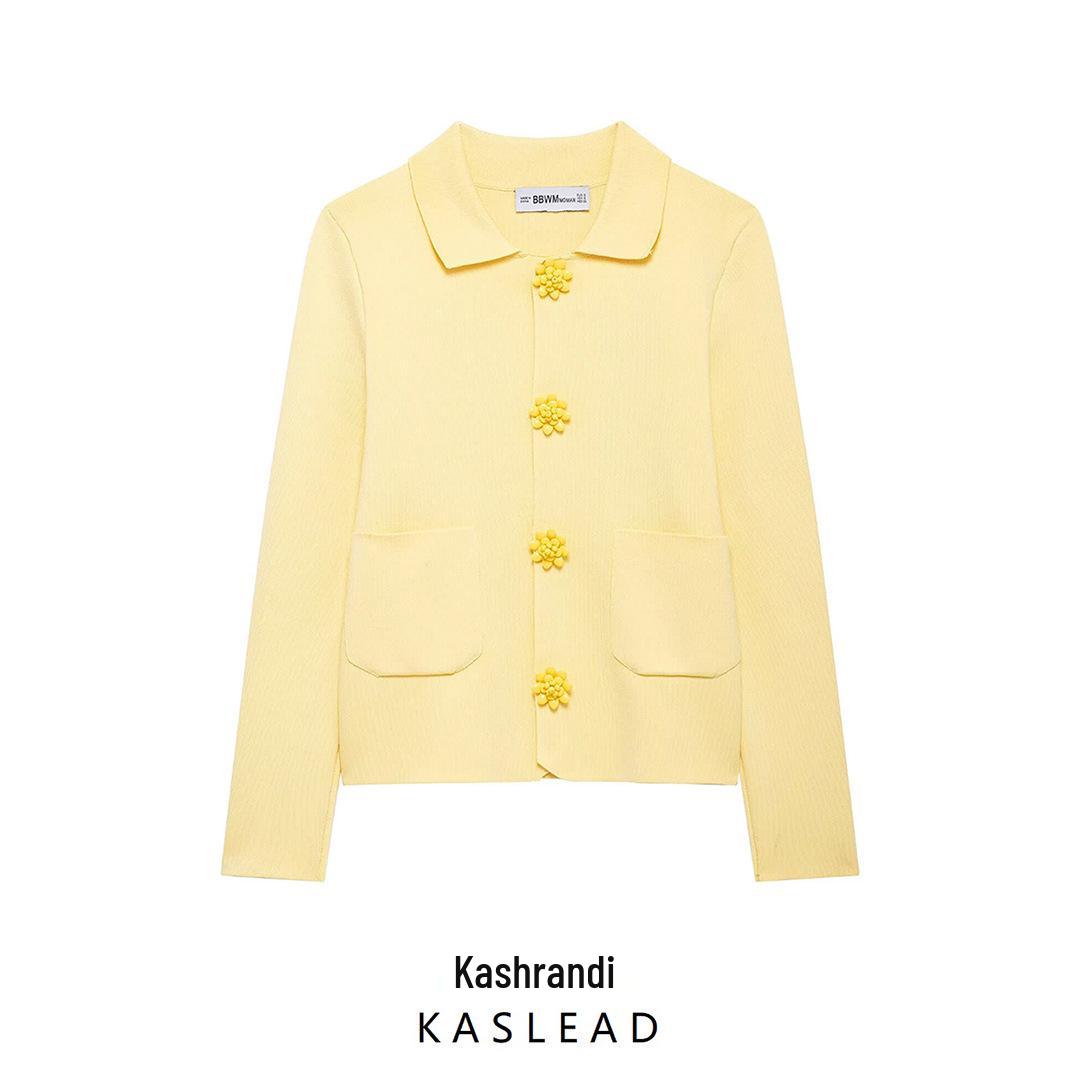 

2025 Spring Women s Beaded Double-Breasted Lapel Knit Cardigan - European & American Style M