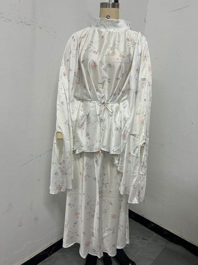 2025 Fall Women’s European Style Batwing Sleeve Tie-Up Top & Floral Print Skirt Set