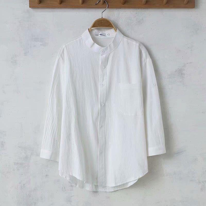 

Мужская белая рубашка из льна и хлопка с рукавом три четверти - летняя, свободного кроя, дышащая, однотонная 2XL