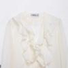 Womens Ruffled Layered Cardigan Shirt Loose Fit Casual Top Pure Color Long Sleeve