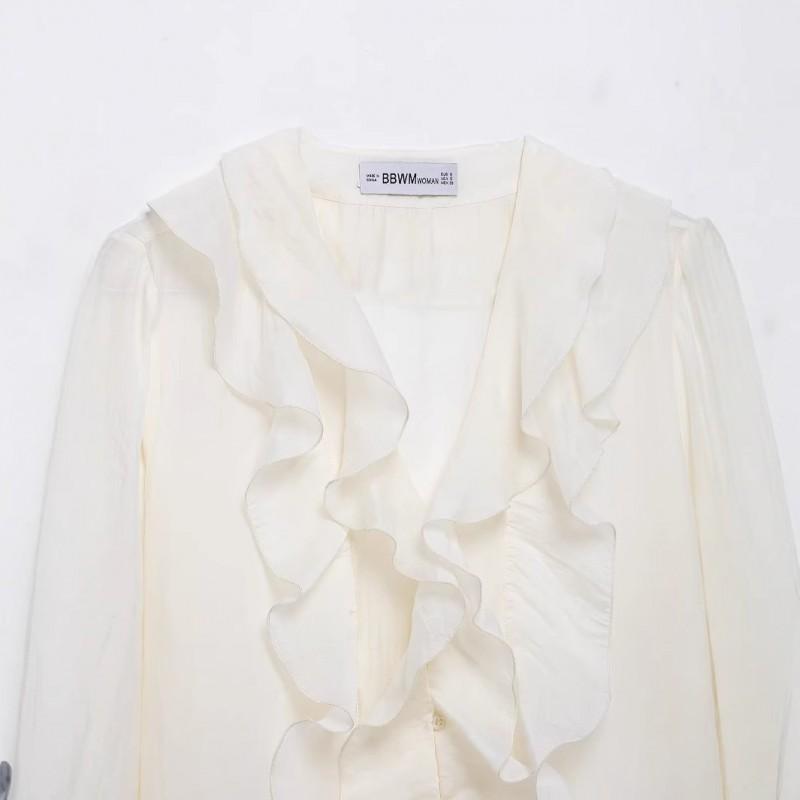Womens Ruffled Layered Cardigan Shirt Loose Fit Casual Top Pure Color Long Sleeve