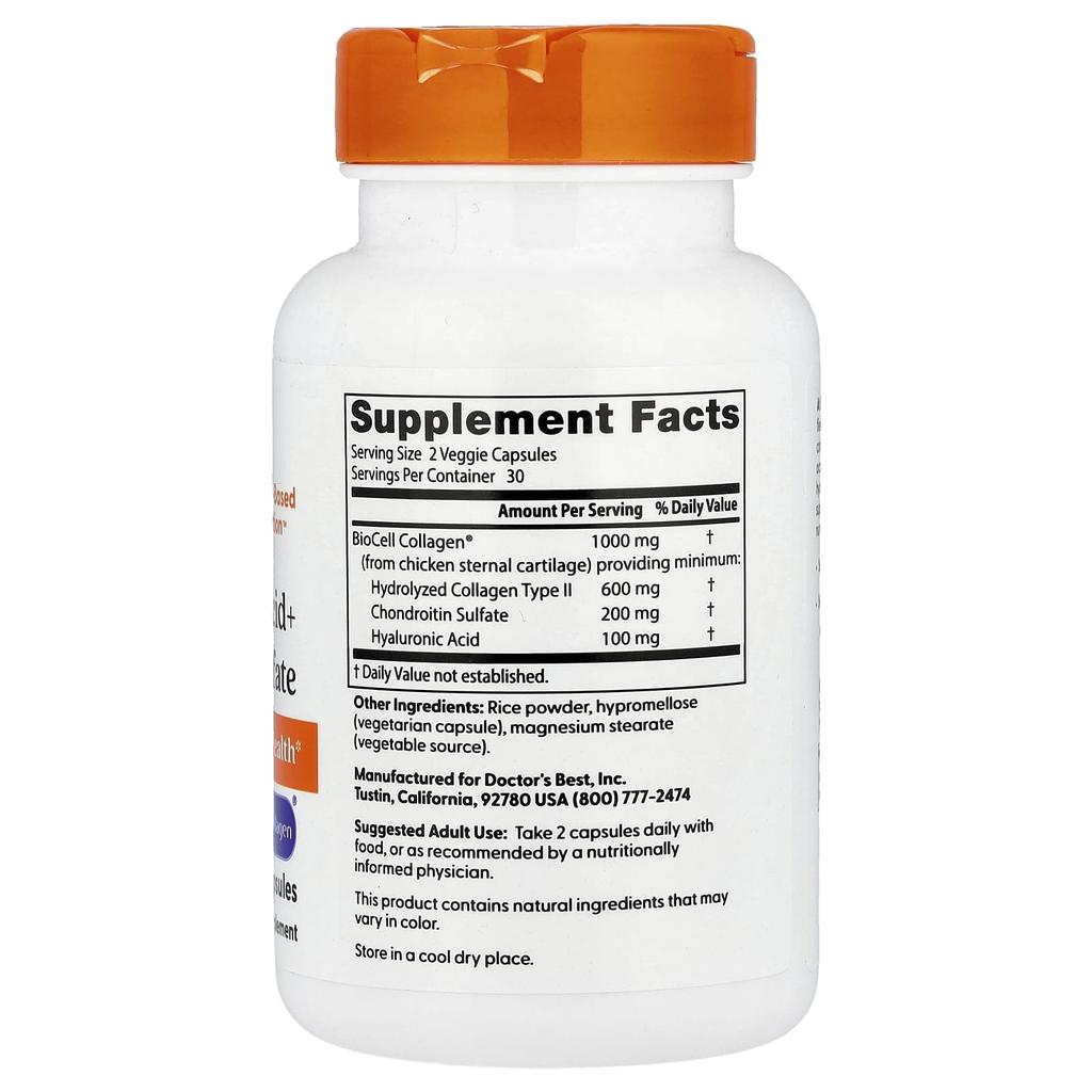 Doctor'S Best, Hyaluronic Acid + Chondroitin Sulfate, with Biocell Collagen, 60 Veggie Caps