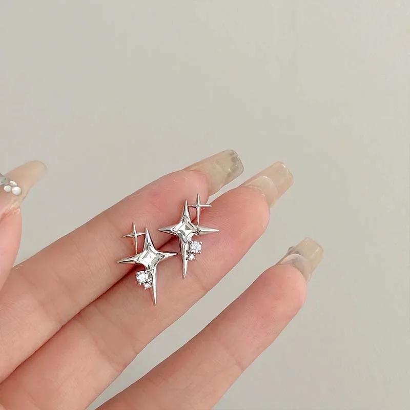 Fashion Silver Cross Star Zircon Stud Earrings for Women Girl Korean Four-Pointed Star Personality Earrings Jewellery