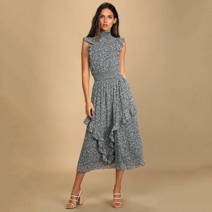 2023 Retro Floral Print Sleeveless Ruffle Dress for Women