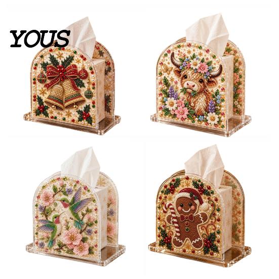 Decorative Tabletop Tissue Dispenser DIY Christmas Faux Pearl Art Painting Box Holder, 3D Rhinestone Beads Square Cover Gem Holder for Winter