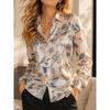 Women Green Satin Blouse White Floral Print Long Sleeve Button Down Shirt Elegant Spring Autumn Office Lady Top Casual Wear New