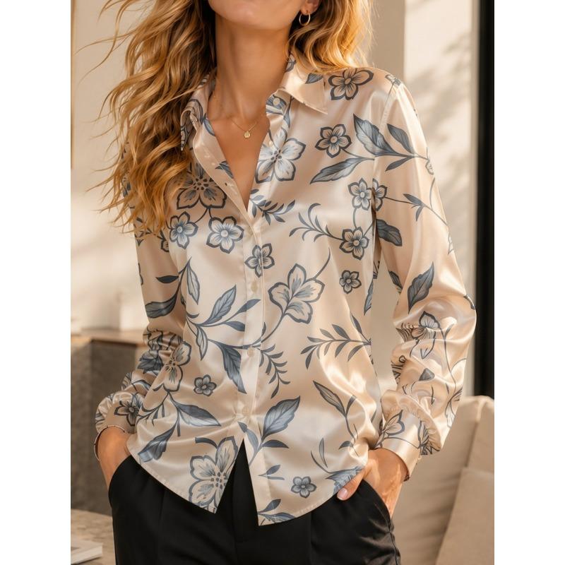 Women Green Satin Blouse White Floral Print Long Sleeve Button Down Shirt Elegant Spring Autumn Office Lady Top Casual Wear New