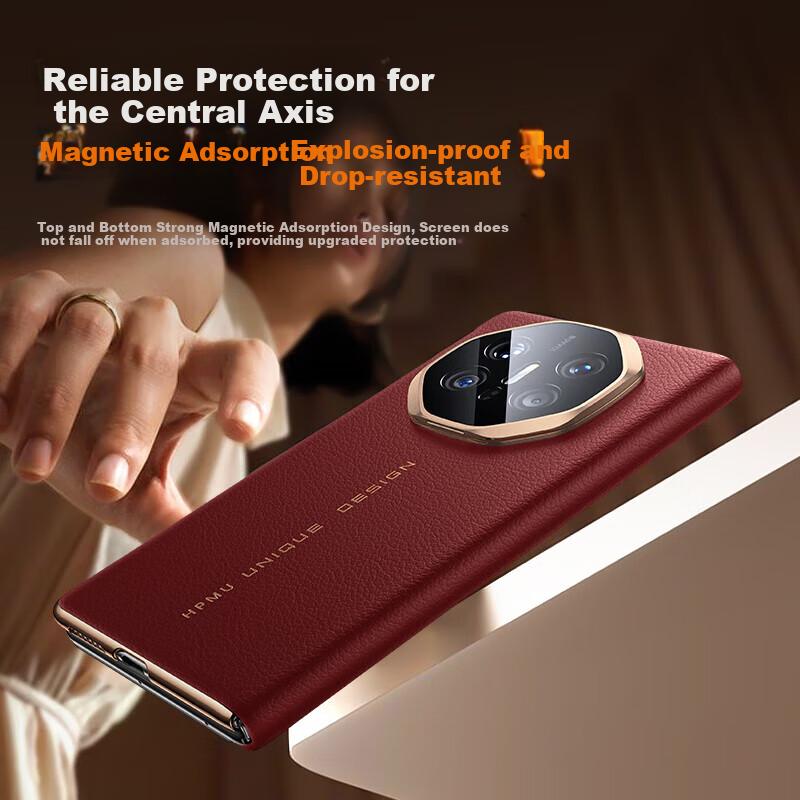 Leather Full Lens Protection FramePhone Case for Huawei Mate X6, with Folding Stand, Central Axis Protection, Flip Cover, Magnetic Attachment
