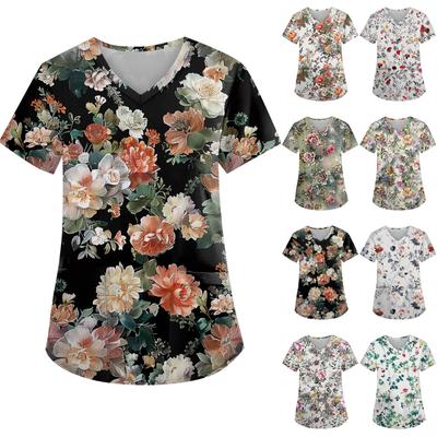 Bedruckte Scrub-Arbeitsuniform-Oberteile für Damen in Übergröße, kurzärmelig, V-Ausschnitt, lustige T-Shirts, Arbeitskleidung, T-Shirt mit Taschen