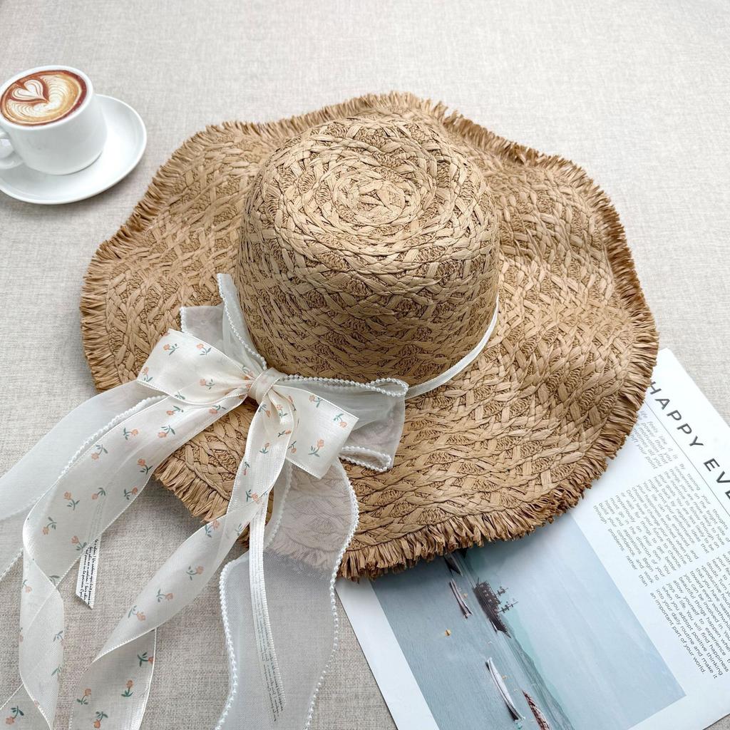 Summer big brim sun hat women's fashion ins seaside sun protection straw hat pastoral pearl face small sun hat