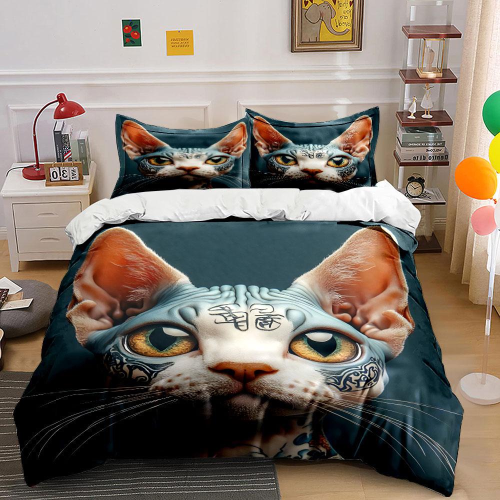 Stylish Tattoo Cat Decor Set Multiple Sizes Kid'S And Adults' Bedroom Exquisite 3Pc Bedding Set, Gift