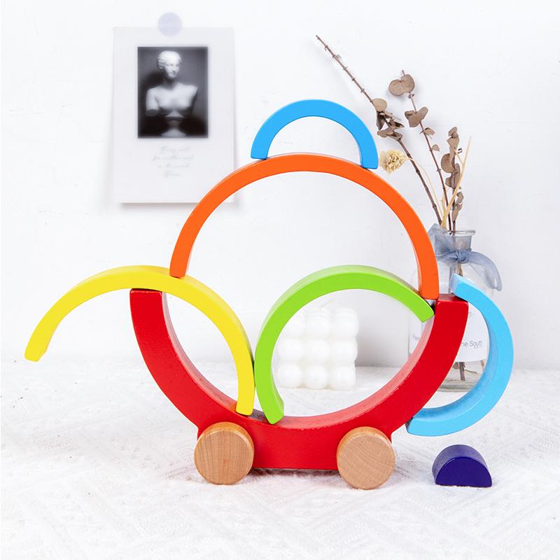 Arch Bridge Rainbow Building Blocks Trailer Kids Montessori Educational Games Color and Shape Cognitive Wooden Toys for Children