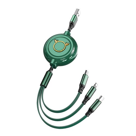 Yousheng 3 in 1 USB Telescopic Charger Cable, 3A Fast Charging Cord for Apple for Android, 30cm-120cm Adjustable Length Multi Device Charging Digital зелёный