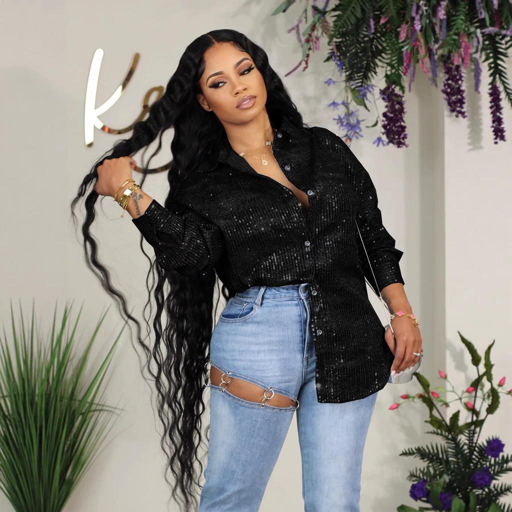 Autumn/Winter Versatile Suede Lapel Shirt with Sequins and Beads