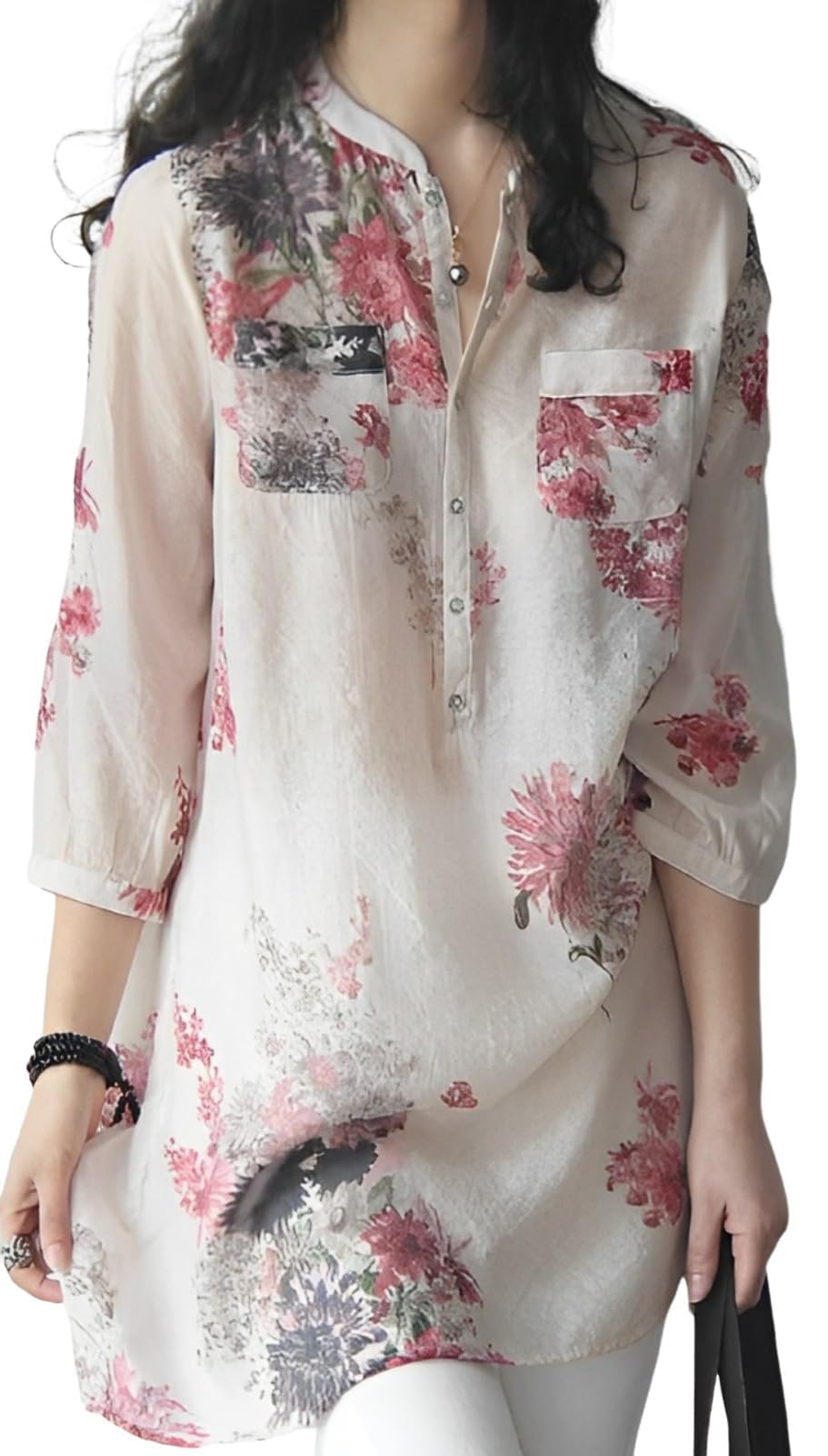 

Pretty floral pattern sleeve pullover cute and stylish band pocketed summer fashion pink [aspersio] 3/4 tunic, mature, top, women s shirt, long,