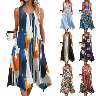 Women Casual Sleeveless Summer Dresses  Spring Crewneck Patchwork Boho Floral Ruffle Cocktail Party Midi Dress