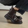 Autumn and Winter Round Head Leather Martin Boots Medium Heel Rubber Thick Sole Square Heel Versatile Cowhide Low Boots New Short Boots Women