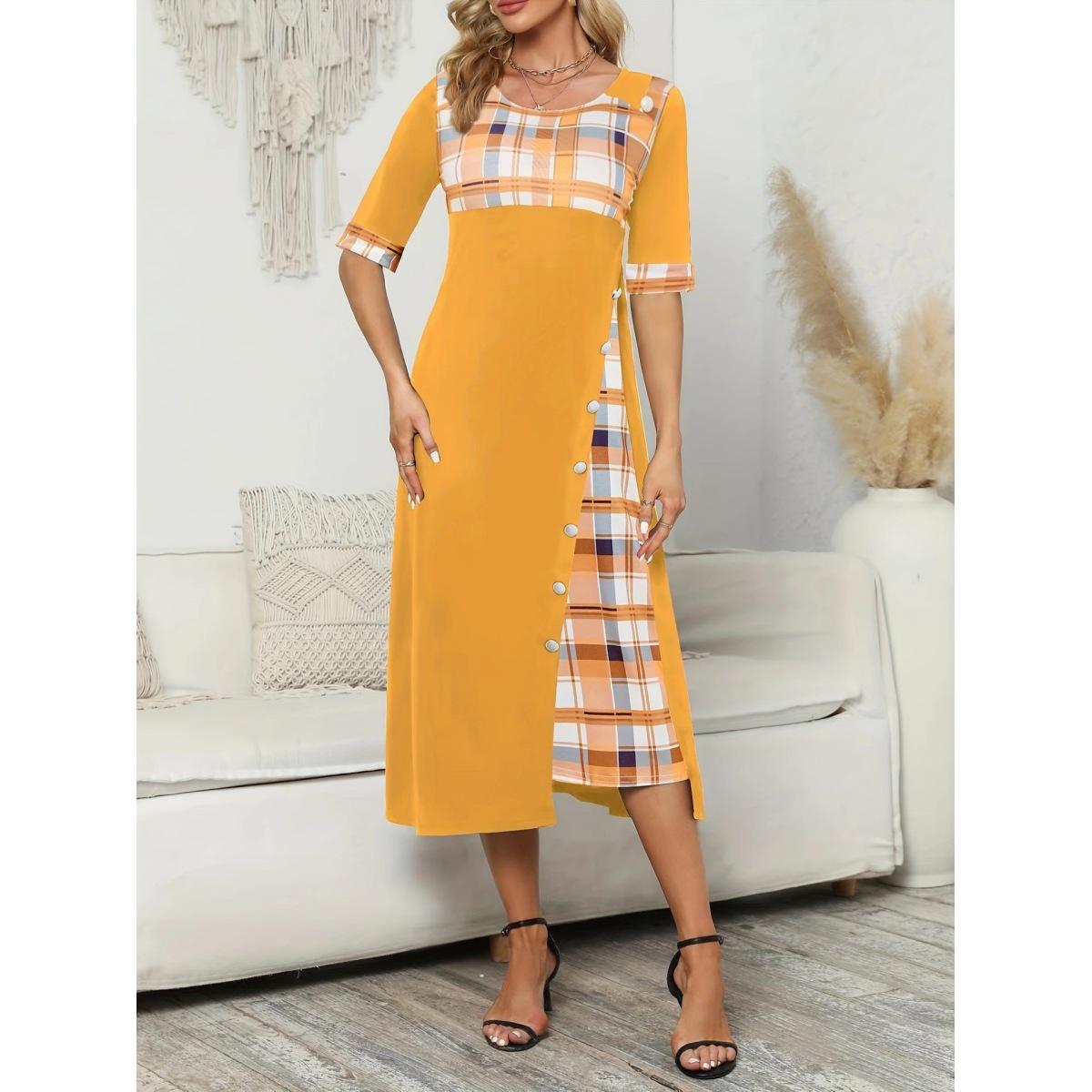 

Women s Mid-Sleeve Round Neck Printed Vintage Plus Size Long Dress Clothes Sale 5XL жовтий