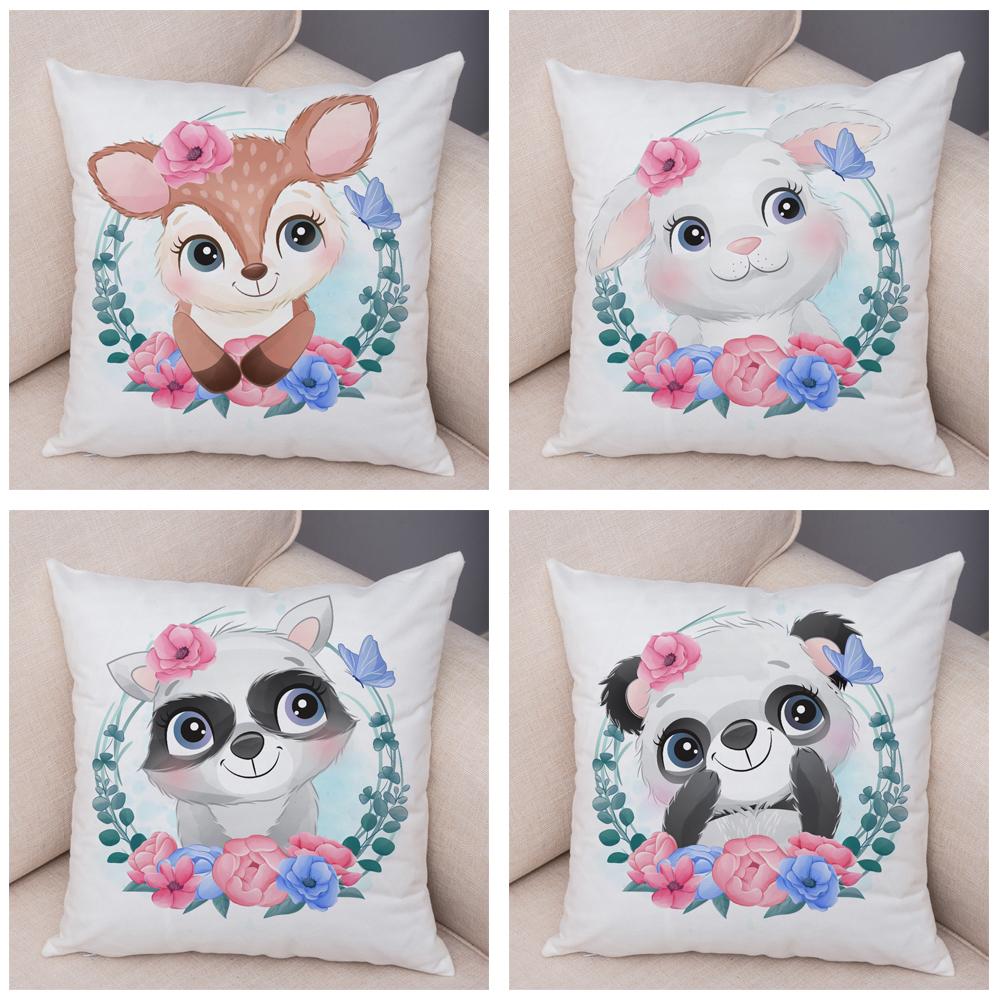 Cartoon Bird and Leaves Pillow Case Decor Cute Animal Lion Cushion Cover for Children Room Sofa Home Plush Pillowcase 45x45cm