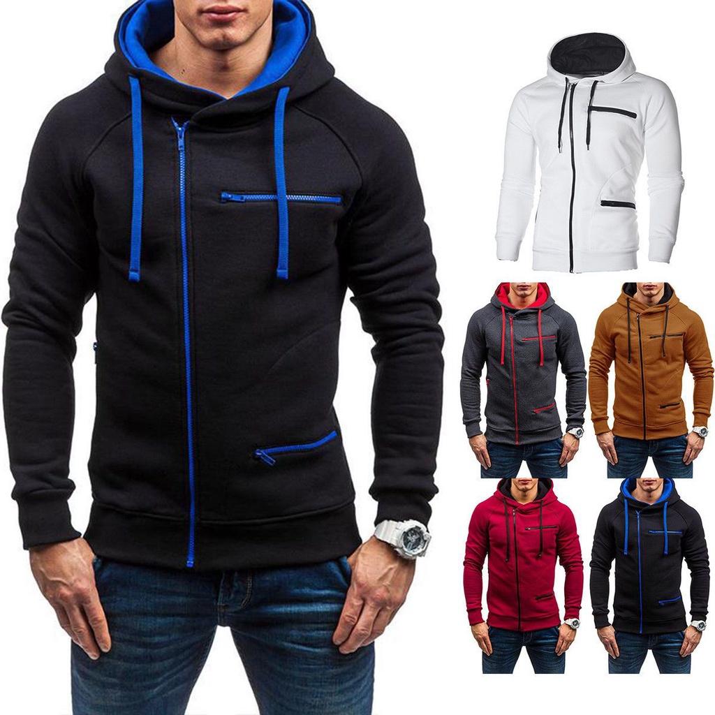 Cozy Men's Autumn Winter Hoodie Hooded Sweatshirt With Drawstring And Full-zip Closure