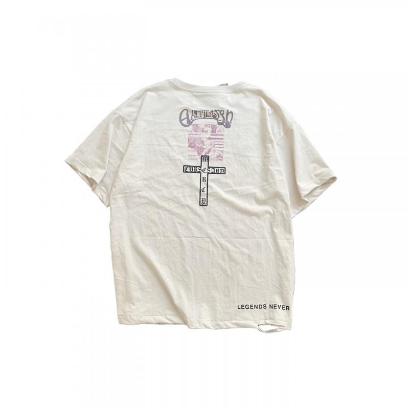 Mens Oversized Cotton Tee With Washed Distressed Letter Print High Street Style Casual T-Shirt