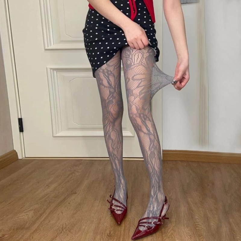 Women See Through Fishnet Mesh Pantyhose Stockings Aesthetic Elegant Hollowed Out Plant Flower Patterned Tights Leggings