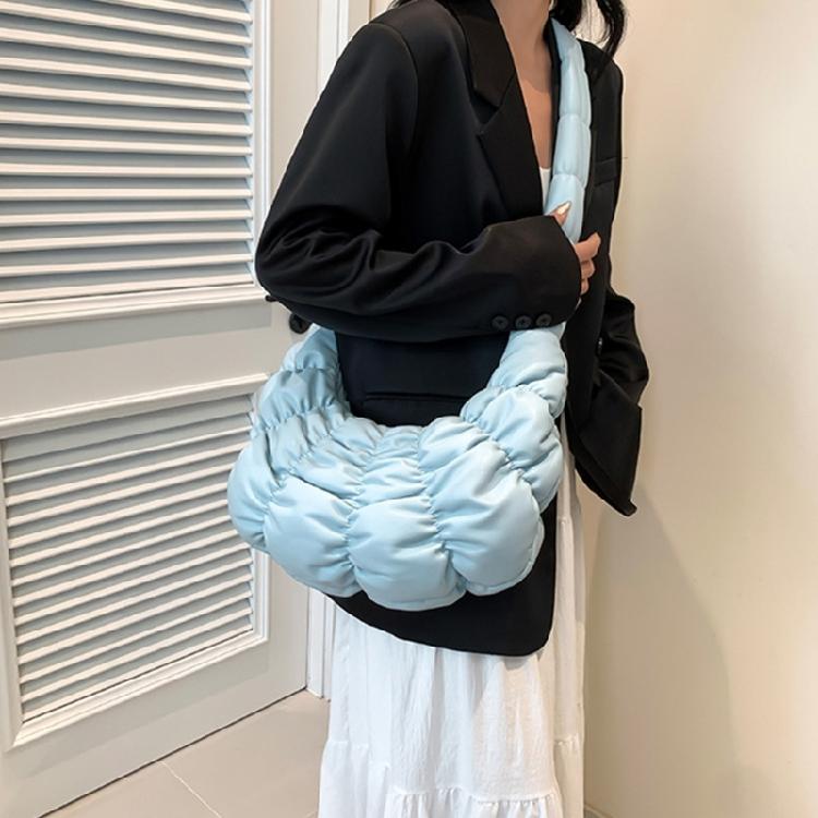 Women Solid Color PU Leather Shoulder Crossbody Bag Pleated Padded Handbag Purse